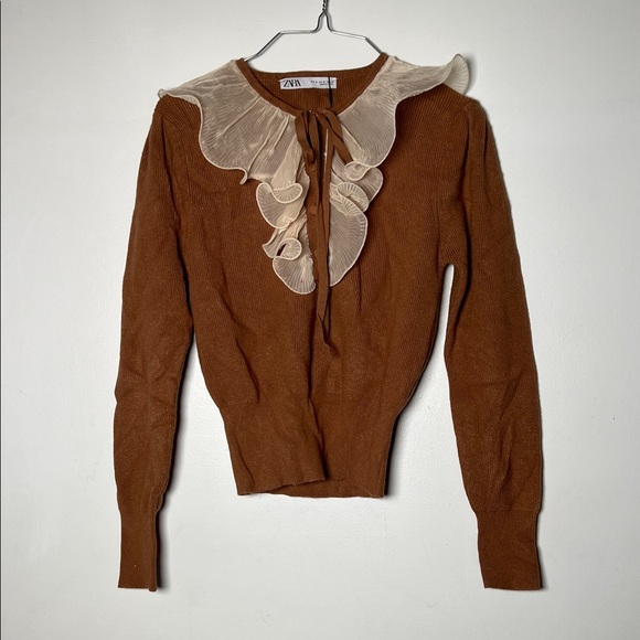 Zara Sweaters - Zara Rust Brown Knit Top with Cream Ruffle Collar